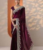 maroon embroidered organza saree with unstitched blouse piece