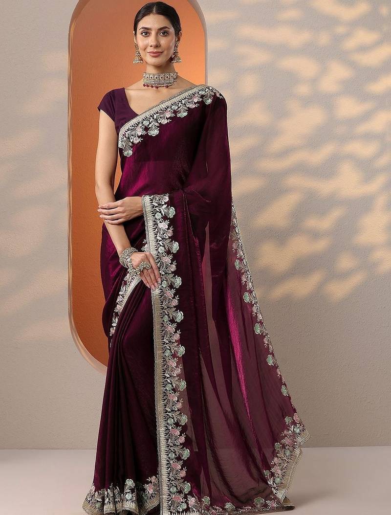maroon embroidered organza saree with unstitched blouse piece