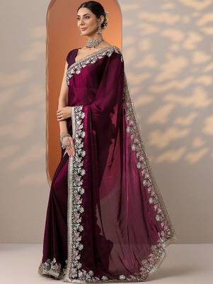 maroon embroidered organza saree with unstitched blouse piece 2