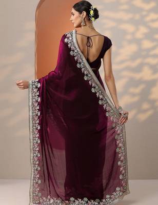 maroon embroidered organza saree with unstitched blouse piece 3