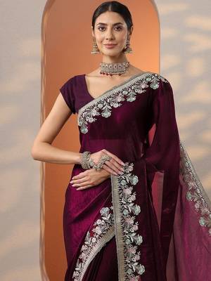 maroon embroidered organza saree with unstitched blouse piece 5