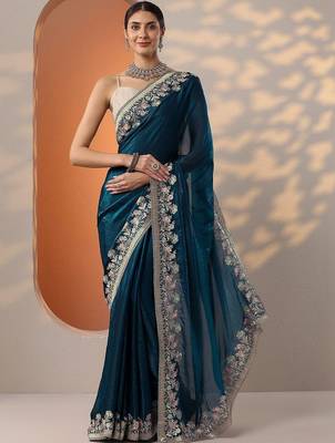 blue embroidered organza saree with unstitched blouse piece 1