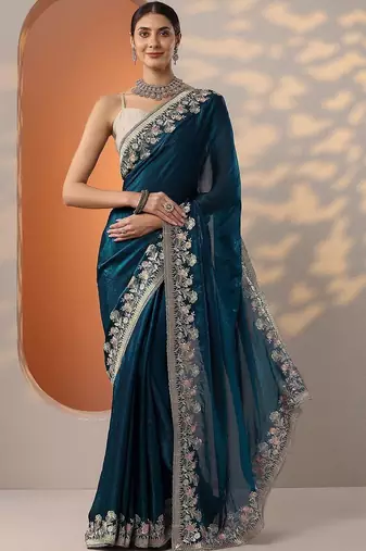 blue embroidered organza saree with unstitched blouse piece
