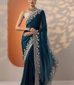 blue embroidered organza saree with unstitched blouse piece