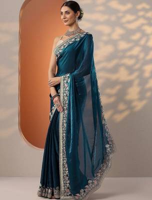 blue embroidered organza saree with unstitched blouse piece 2