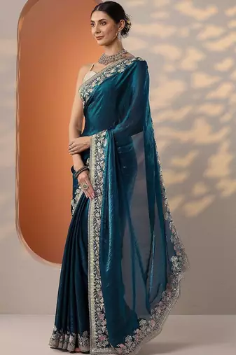 blue embroidered organza saree with unstitched blouse piece