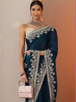 blue embroidered organza saree with unstitched blouse piece 3