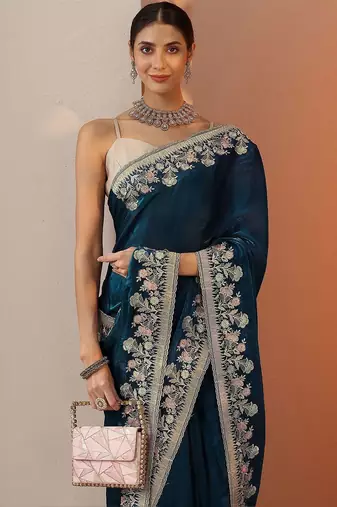 blue embroidered organza saree with unstitched blouse piece