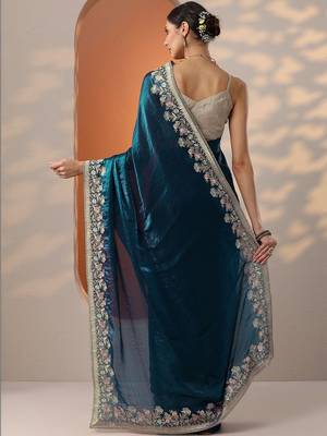 blue embroidered organza saree with unstitched blouse piece 4