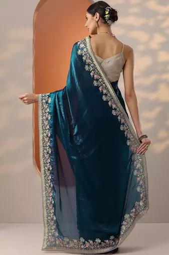 blue embroidered organza saree with unstitched blouse piece