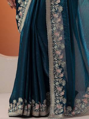 blue embroidered organza saree with unstitched blouse piece 5