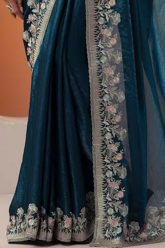 blue embroidered organza saree with unstitched blouse piece