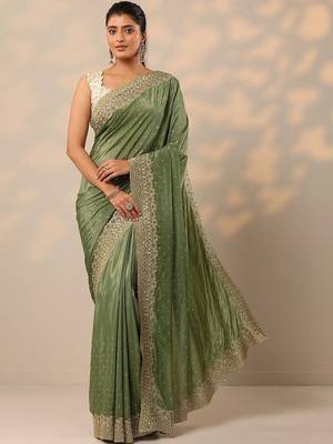 green embellished crepe sarees with unstitched blouse piece 1