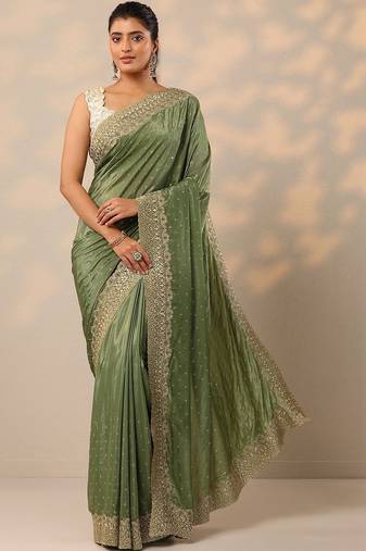 green embellished crepe sarees with unstitched blouse piece