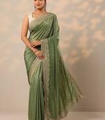 green embellished crepe sarees with unstitched blouse piece
