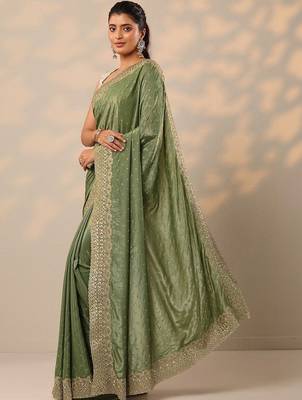 green embellished crepe sarees with unstitched blouse piece 2