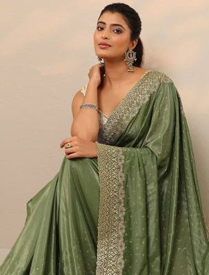 green embellished crepe sarees with unstitched blouse piece 4