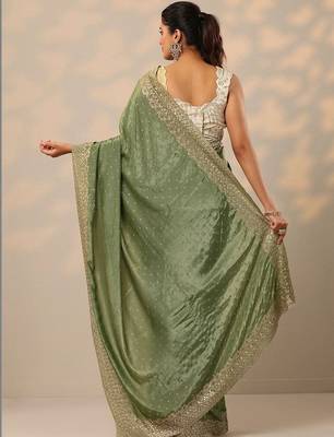green embellished crepe sarees with unstitched blouse piece 5