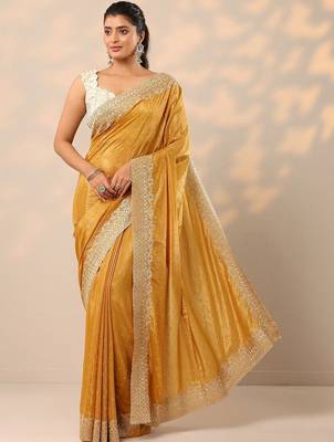 yellow embellished crepe sarees with unstitched blouse piece 1