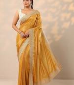 yellow embellished crepe sarees with unstitched blouse piece