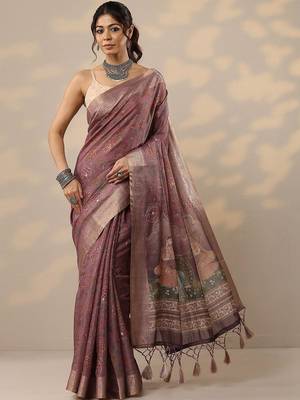 purple printed cotton blend sarees with unstitched blouse piece 1