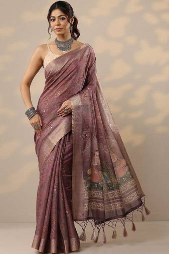 purple printed cotton blend sarees with unstitched blouse piece