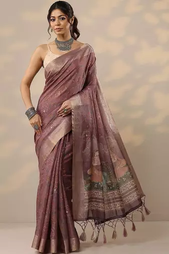 purple printed cotton blend sarees with unstitched blouse piece
