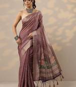 purple printed cotton blend sarees with unstitched blouse piece