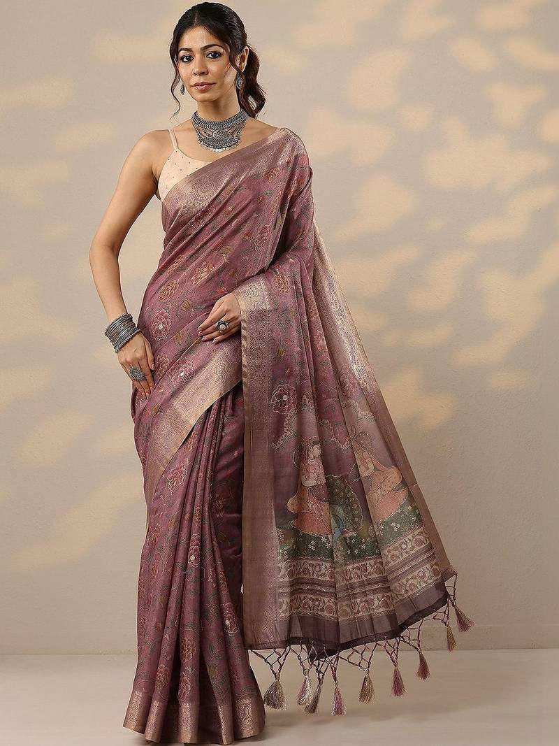 purple printed cotton blend sarees with unstitched blouse piece