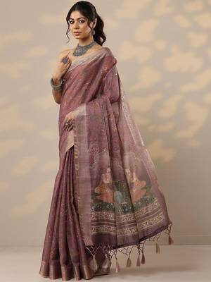 purple printed cotton blend sarees with unstitched blouse piece 2