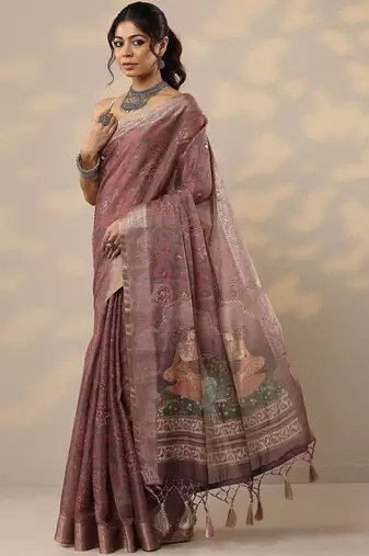 purple printed cotton blend sarees with unstitched blouse piece