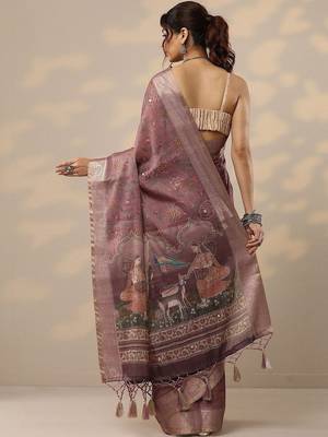purple printed cotton blend sarees with unstitched blouse piece 3