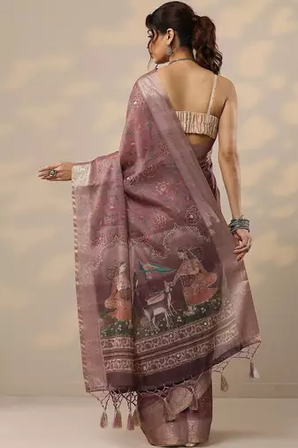 purple printed cotton blend sarees with unstitched blouse piece