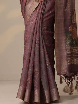purple printed cotton blend sarees with unstitched blouse piece 4