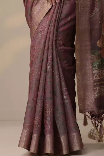 purple printed cotton blend sarees with unstitched blouse piece
