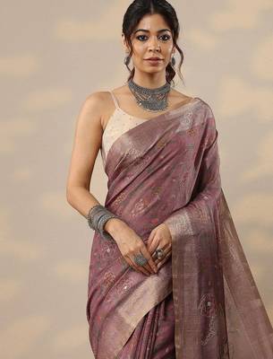 purple printed cotton blend sarees with unstitched blouse piece 5