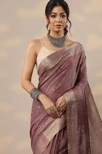 purple printed cotton blend sarees with unstitched blouse piece