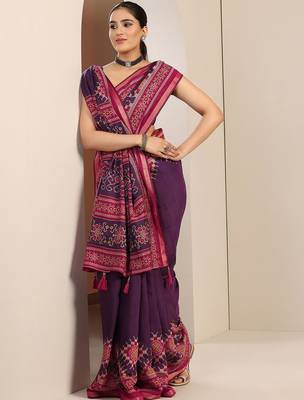 purple solid cotton blend saree with unstitched blouse piece 1