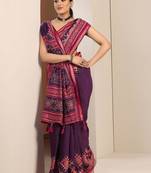 purple solid cotton blend saree with unstitched blouse piece