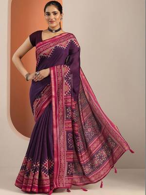 purple solid cotton blend saree with unstitched blouse piece 2