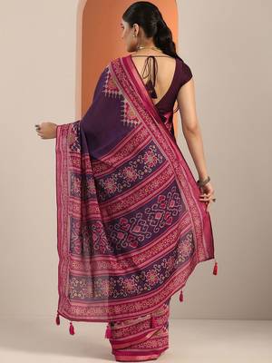 purple solid cotton blend saree with unstitched blouse piece 4