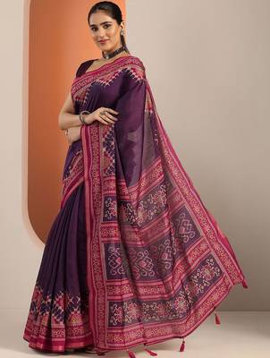 purple solid cotton blend saree with unstitched blouse piece 5