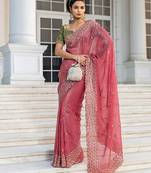 peach embroidered saree with unstitched blouse piece