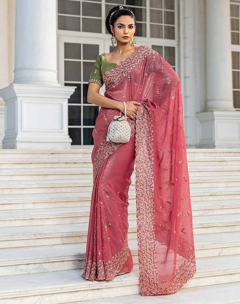 peach embroidered saree with unstitched blouse piece