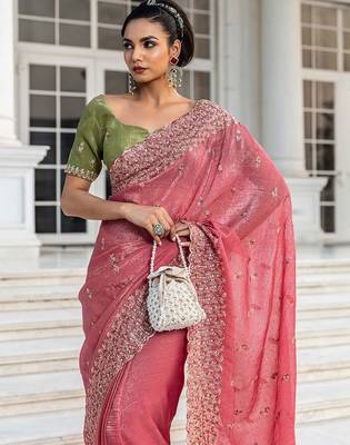 peach embroidered saree with unstitched blouse piece 2