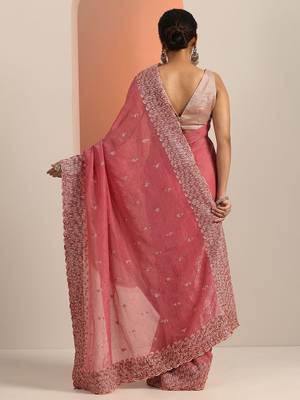 peach embroidered saree with unstitched blouse piece 3