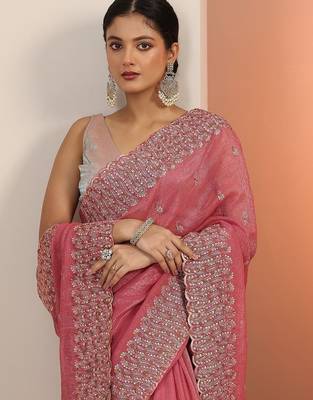 peach embroidered saree with unstitched blouse piece 4
