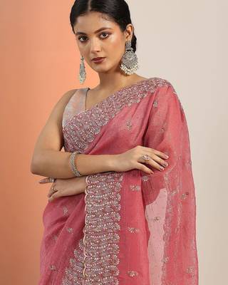 peach embroidered saree with unstitched blouse piece 5