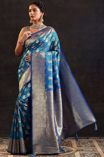 blue woven design saree with unstitched blouse piece