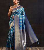 blue woven design saree with unstitched blouse piece
